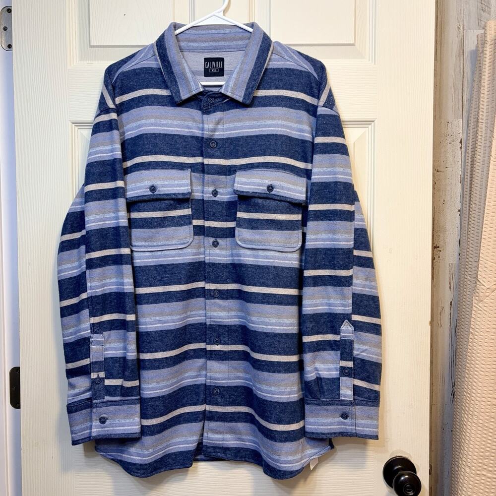 CaliVille Men's XXL Striped Button Up Shirt Blue Long Sleeve Flannel Style